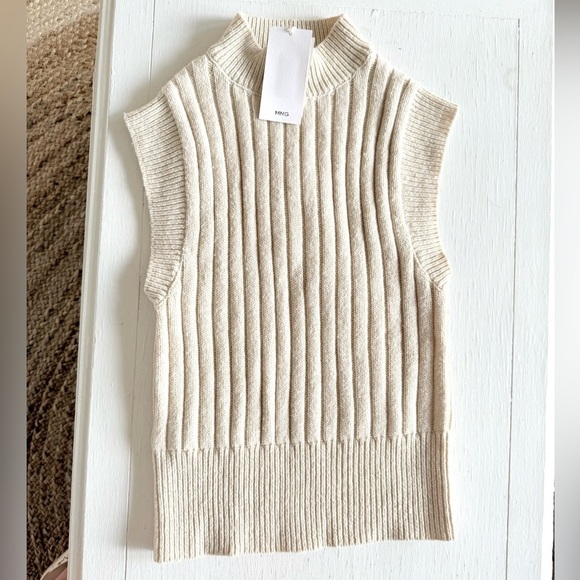 New Mango Perkins Neck Beige Sleeveless Ribbed Turtleneck Sweater - Picture 5 of 5